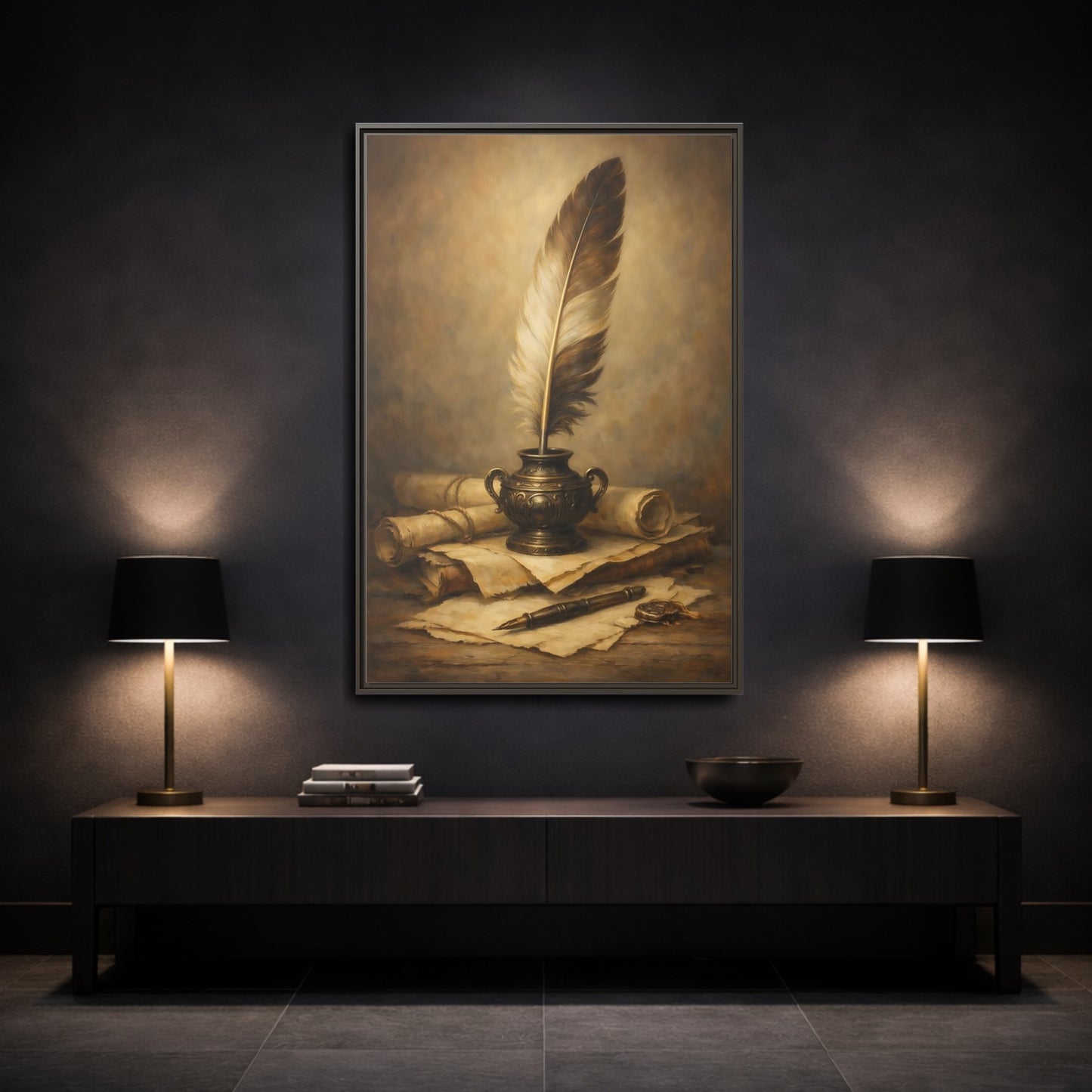 Mockup 2. Vintage Quill Pen Brown And Gold shown as stretched canvas wall art