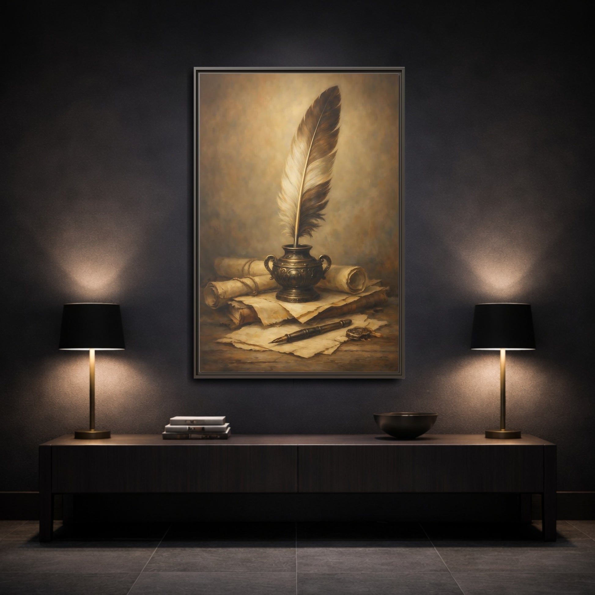 Mockup 2. Vintage Quill Pen Brown And Gold shown as stretched canvas wall art