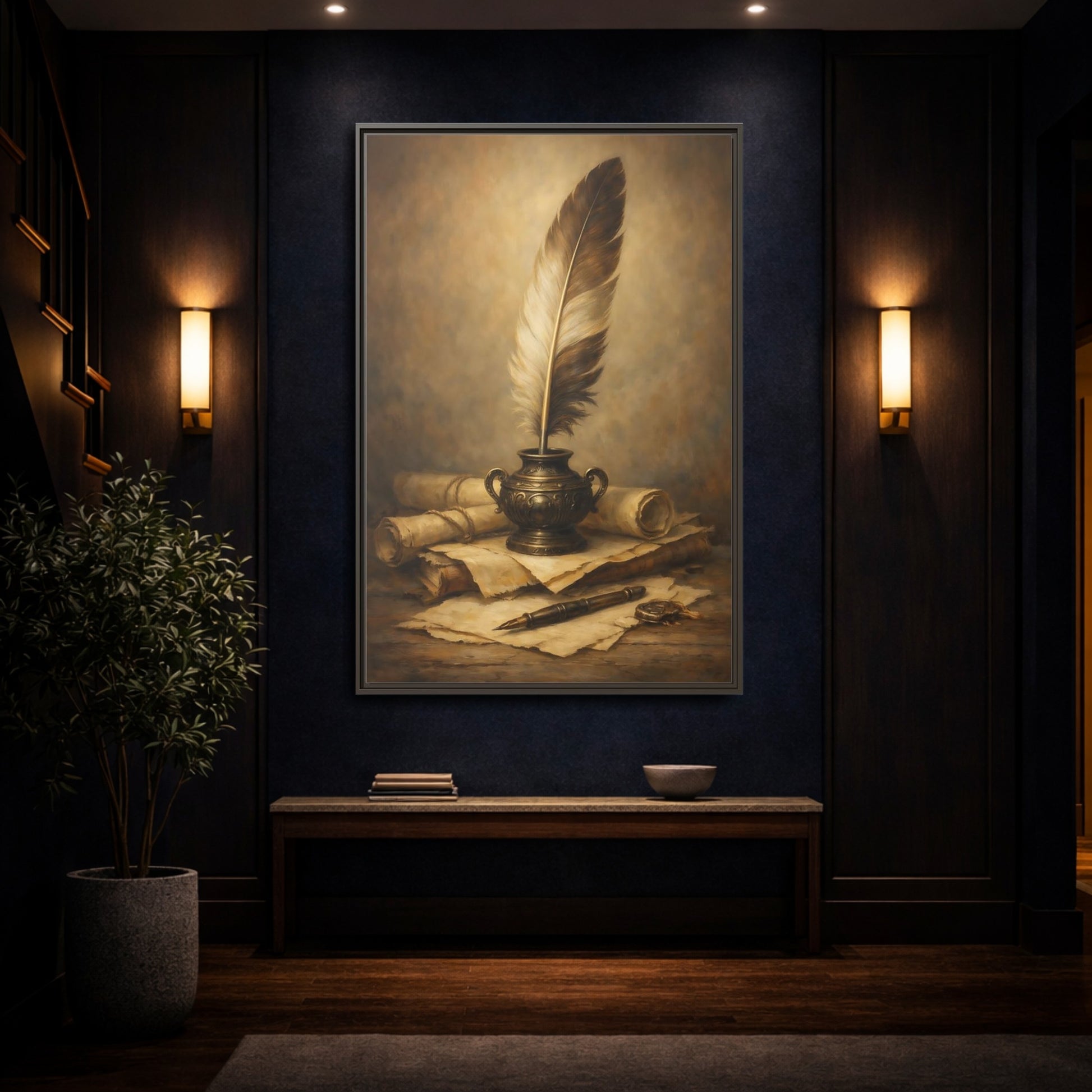 Mockup 3. Vintage Quill Pen Brown And Gold shown as stretched canvas wall art