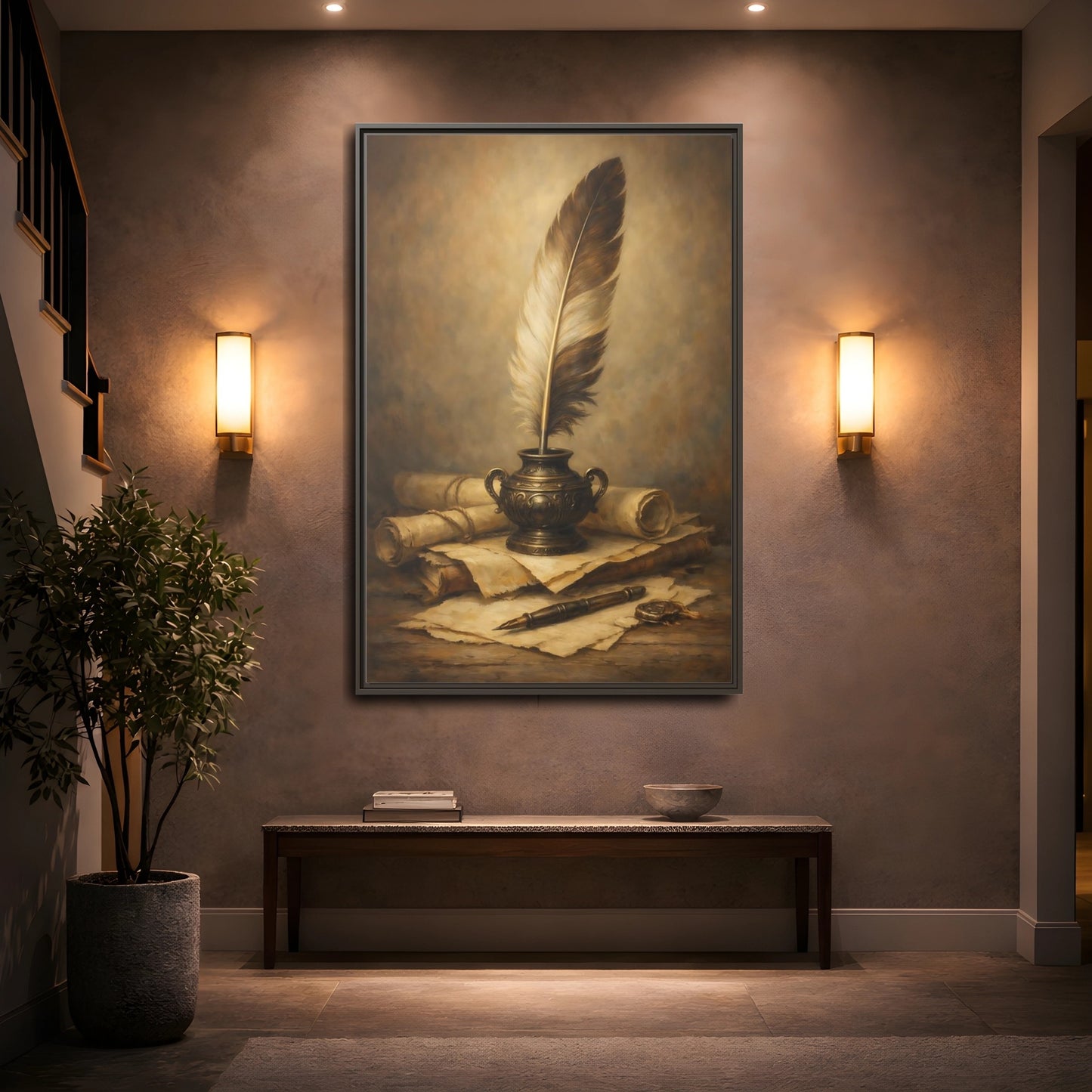 Mockup 4. Vintage Quill Pen Brown And Gold shown as stretched canvas wall art