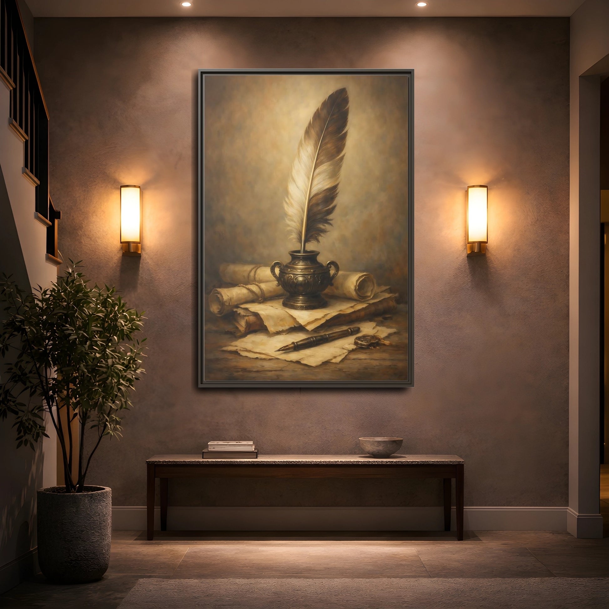 Mockup 4. Vintage Quill Pen Brown And Gold shown as stretched canvas wall art