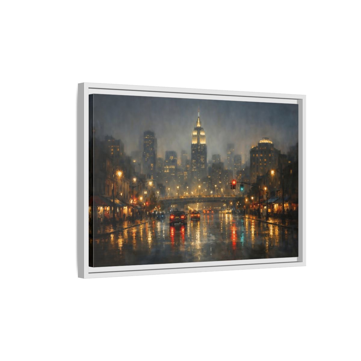 Side Mockup 1. Vintage Rainy Cityscape Rainy City Night shown as stretched canvas wall art