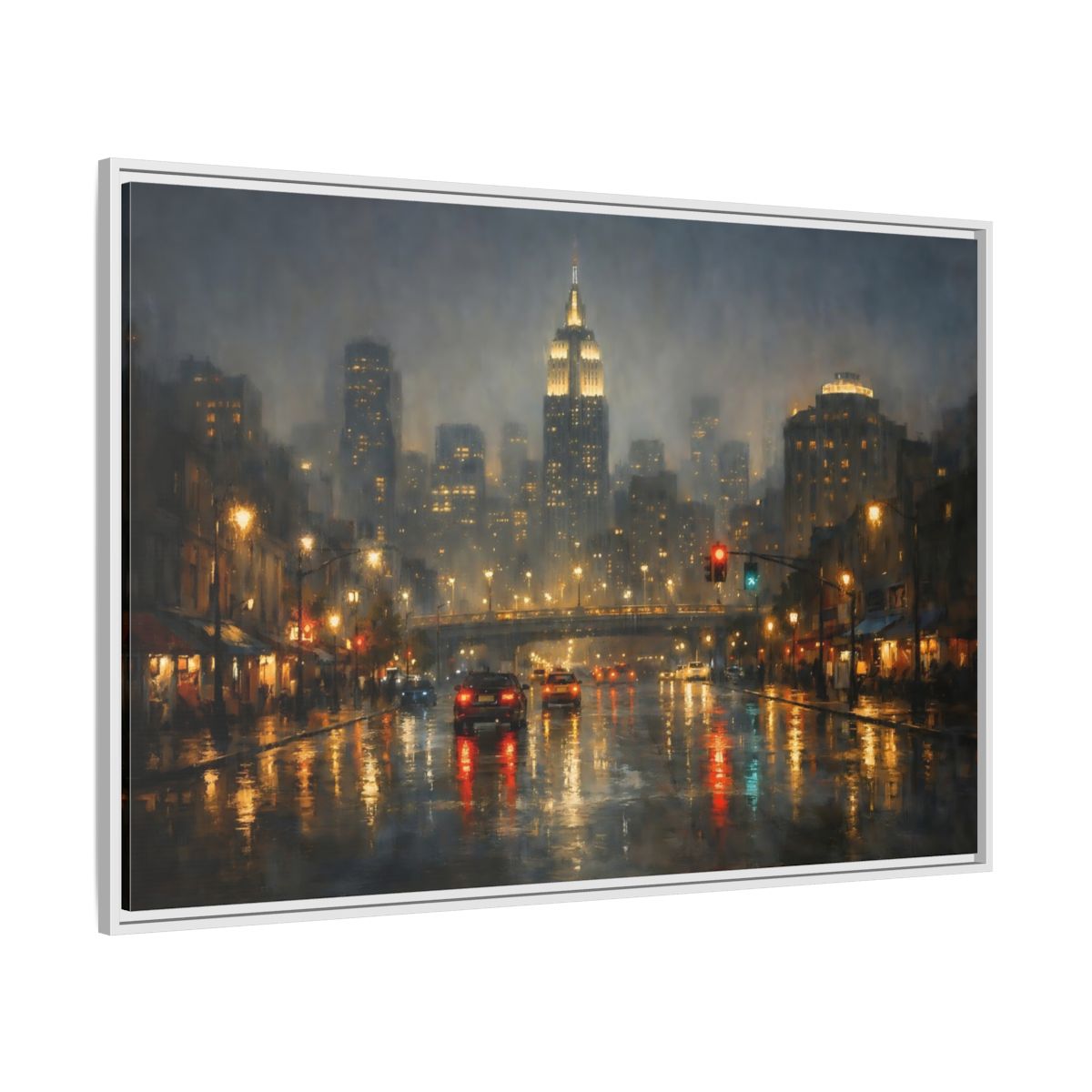 Side Mockup 7. Vintage Rainy Cityscape Rainy City Night shown as stretched canvas wall art