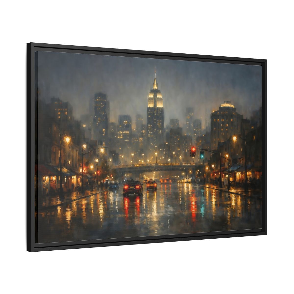 Side Mockup 13. Vintage Rainy Cityscape Rainy City Night shown as stretched canvas wall art