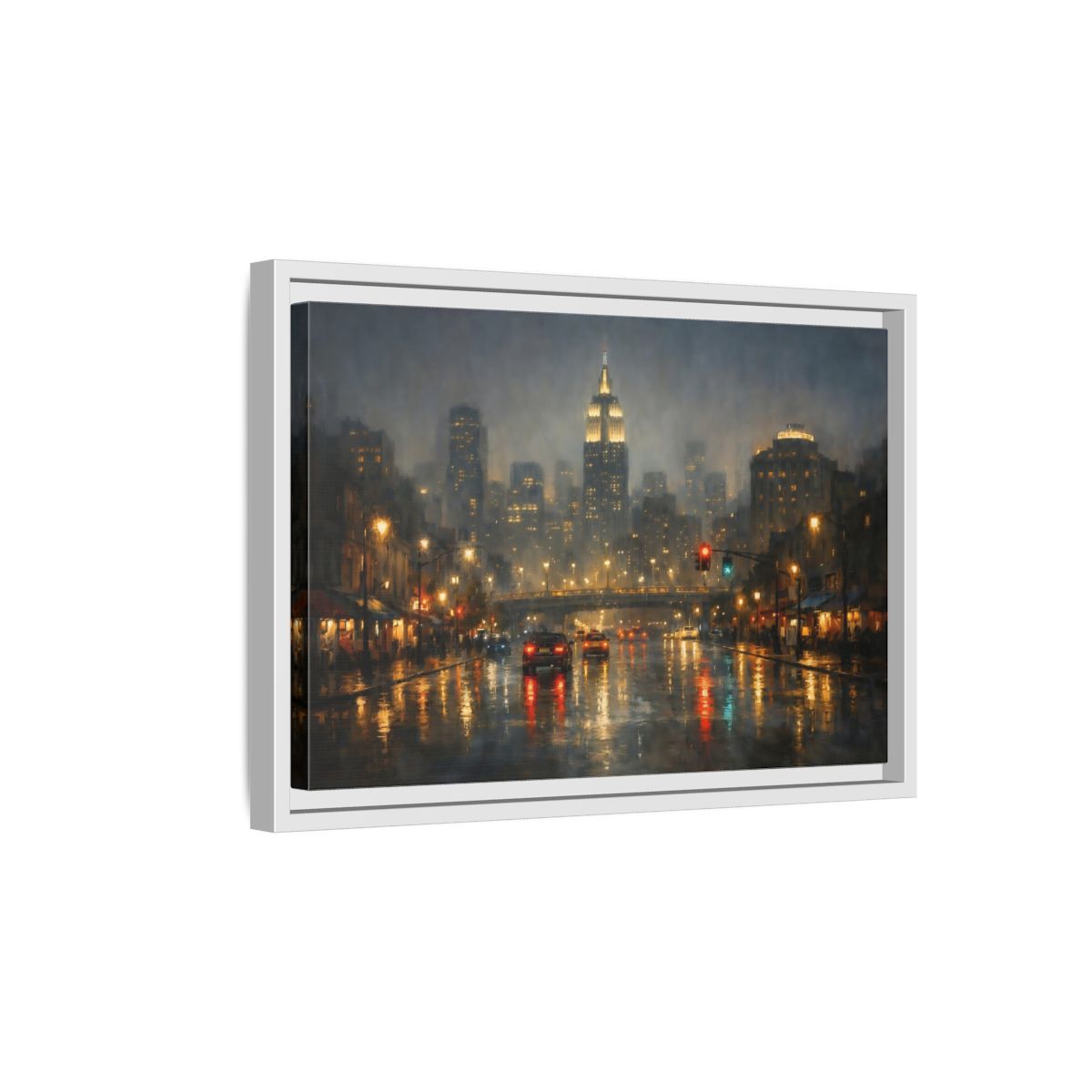 Side Mockup 4. Vintage Rainy Cityscape Rainy City Night shown as stretched canvas wall art