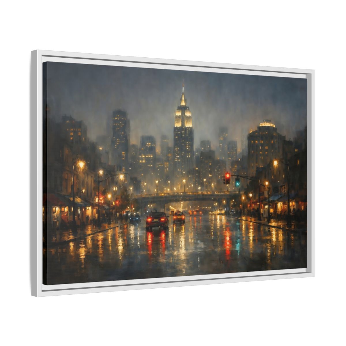Side Mockup 10. Vintage Rainy Cityscape Rainy City Night shown as stretched canvas wall art