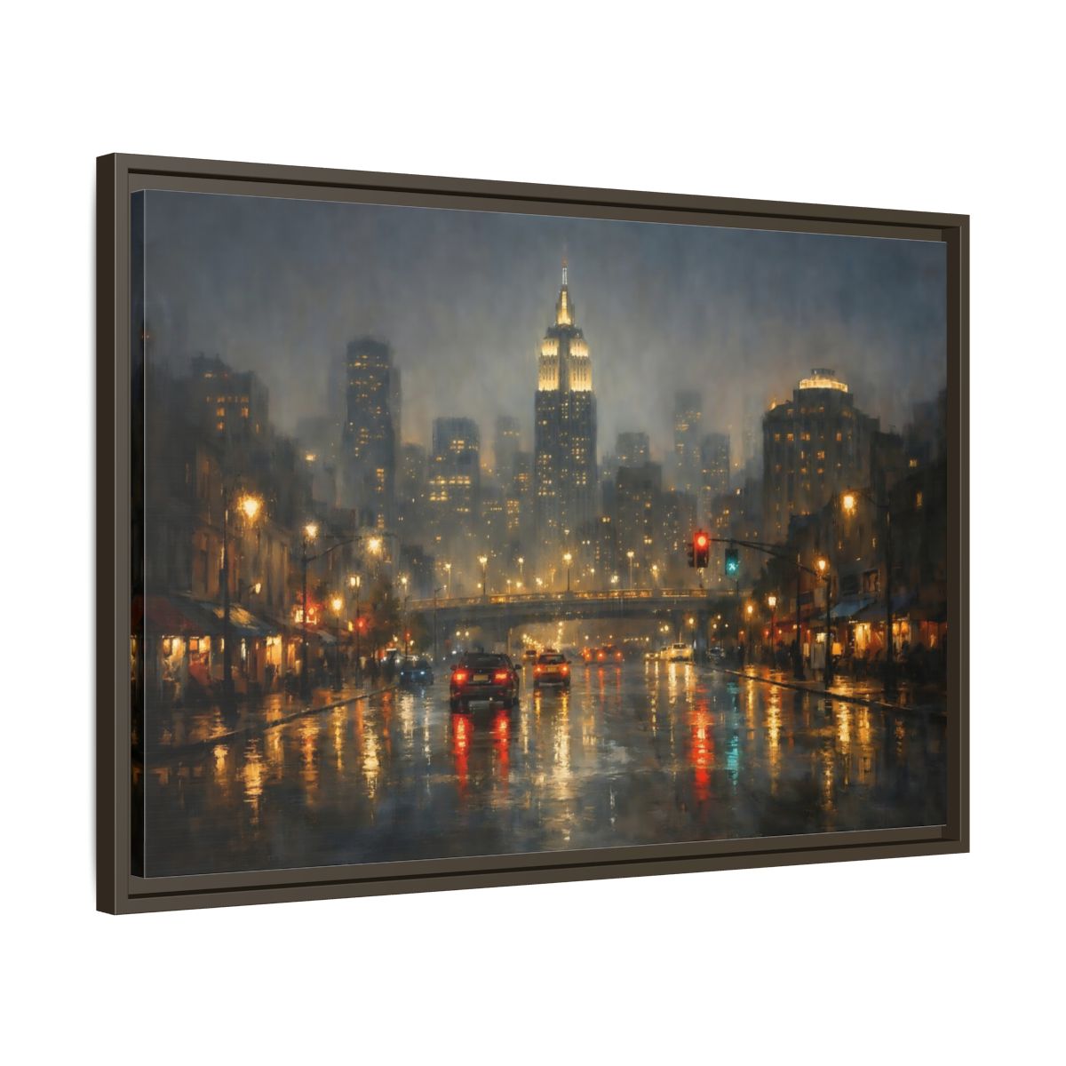 Side Mockup 11. Vintage Rainy Cityscape Rainy City Night shown as stretched canvas wall art