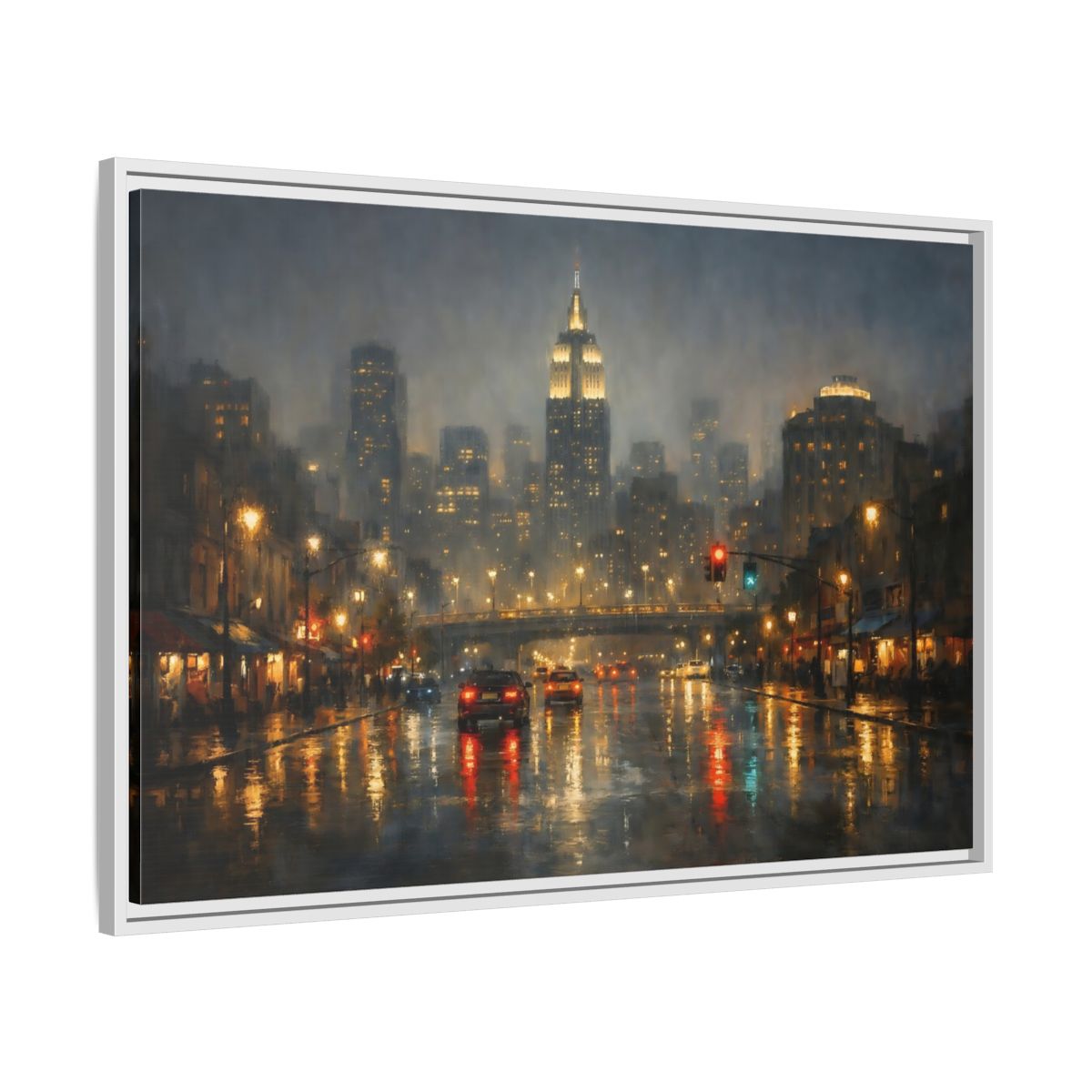Side Mockup 8. Vintage Rainy Cityscape Rainy City Night shown as stretched canvas wall art