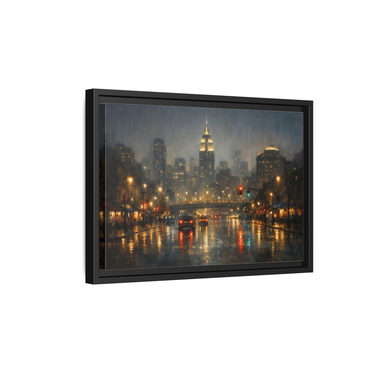 Side Mockup 6. Vintage Rainy Cityscape Rainy City Night shown as stretched canvas wall art