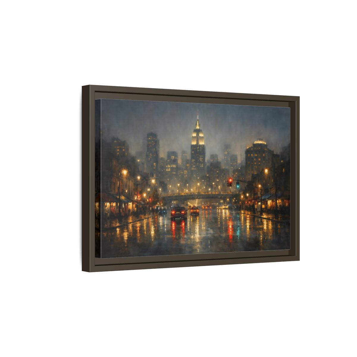 Side Mockup 5. Vintage Rainy Cityscape Rainy City Night shown as stretched canvas wall art