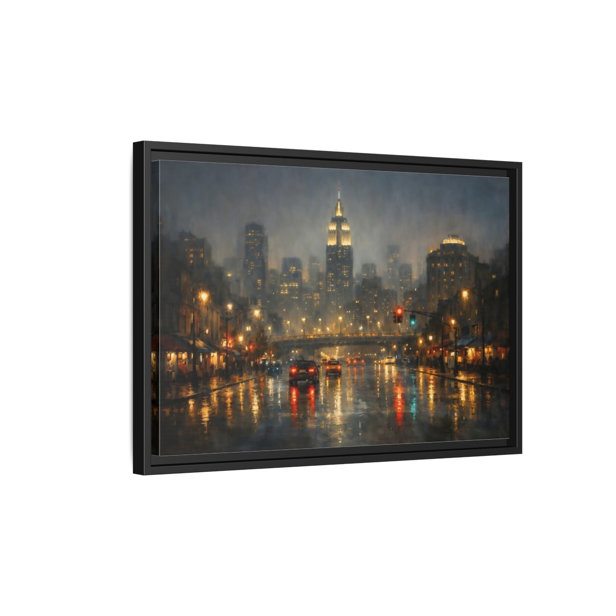 Side Mockup 3. Vintage Rainy Cityscape Rainy City Night shown as stretched canvas wall art