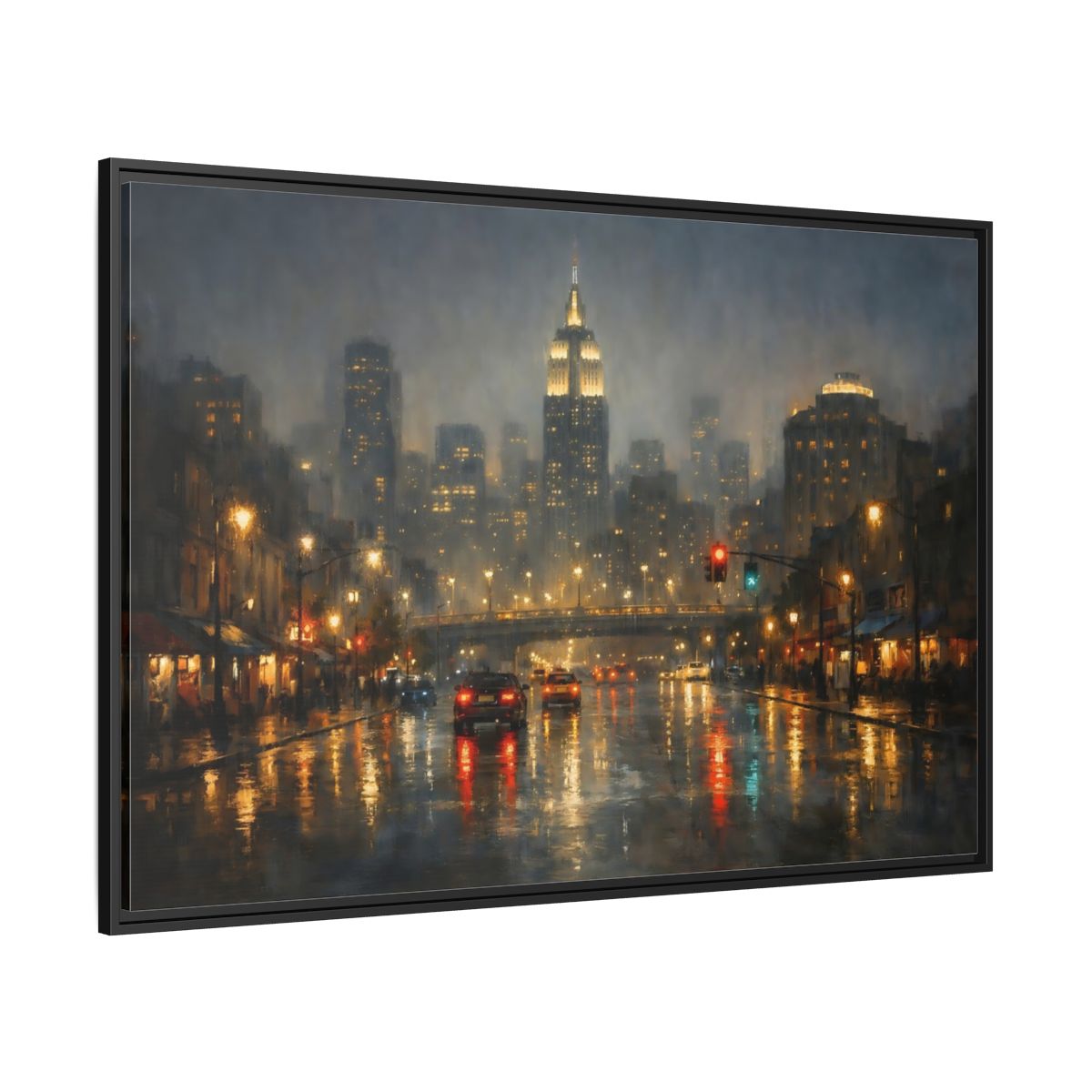 Side Mockup 12. Vintage Rainy Cityscape Rainy City Night shown as stretched canvas wall art