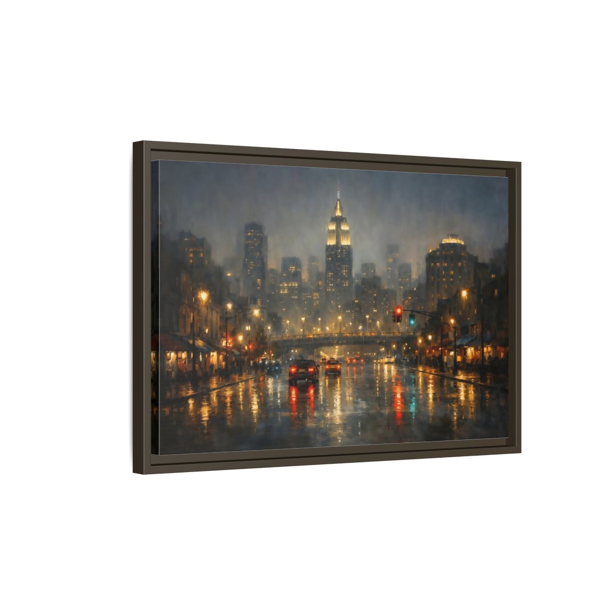 Side Mockup 2. Vintage Rainy Cityscape Rainy City Night shown as stretched canvas wall art