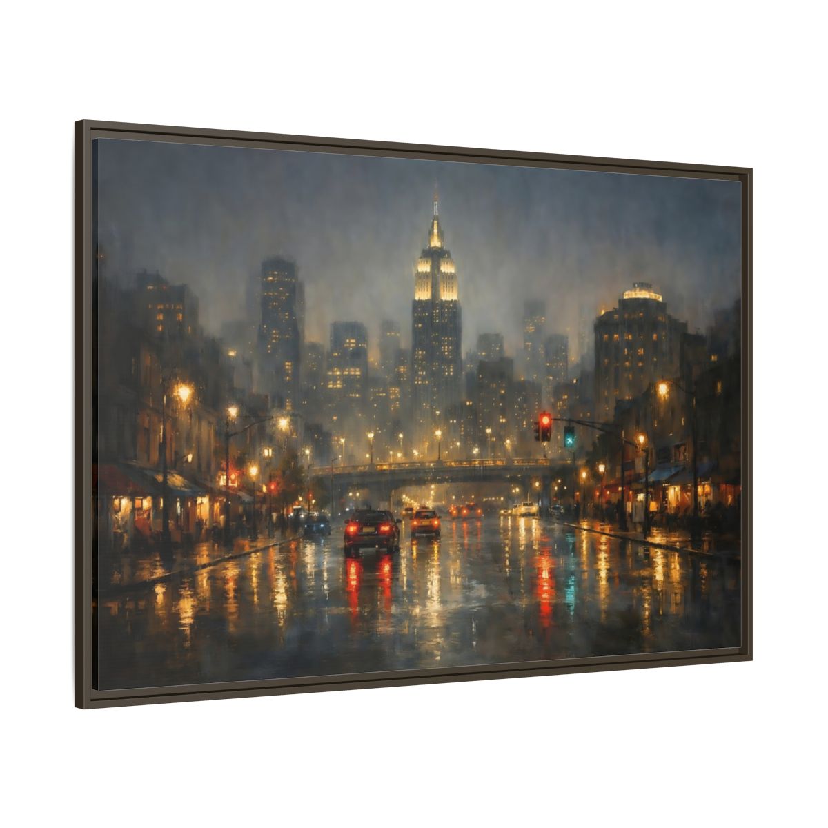Main Mockup. Vintage Rainy Cityscape Rainy City Night shown as stretched canvas wall art