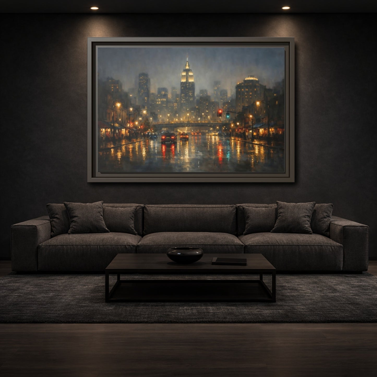 Mockup 2. Vintage Rainy Cityscape Rainy City Night shown as stretched canvas wall art
