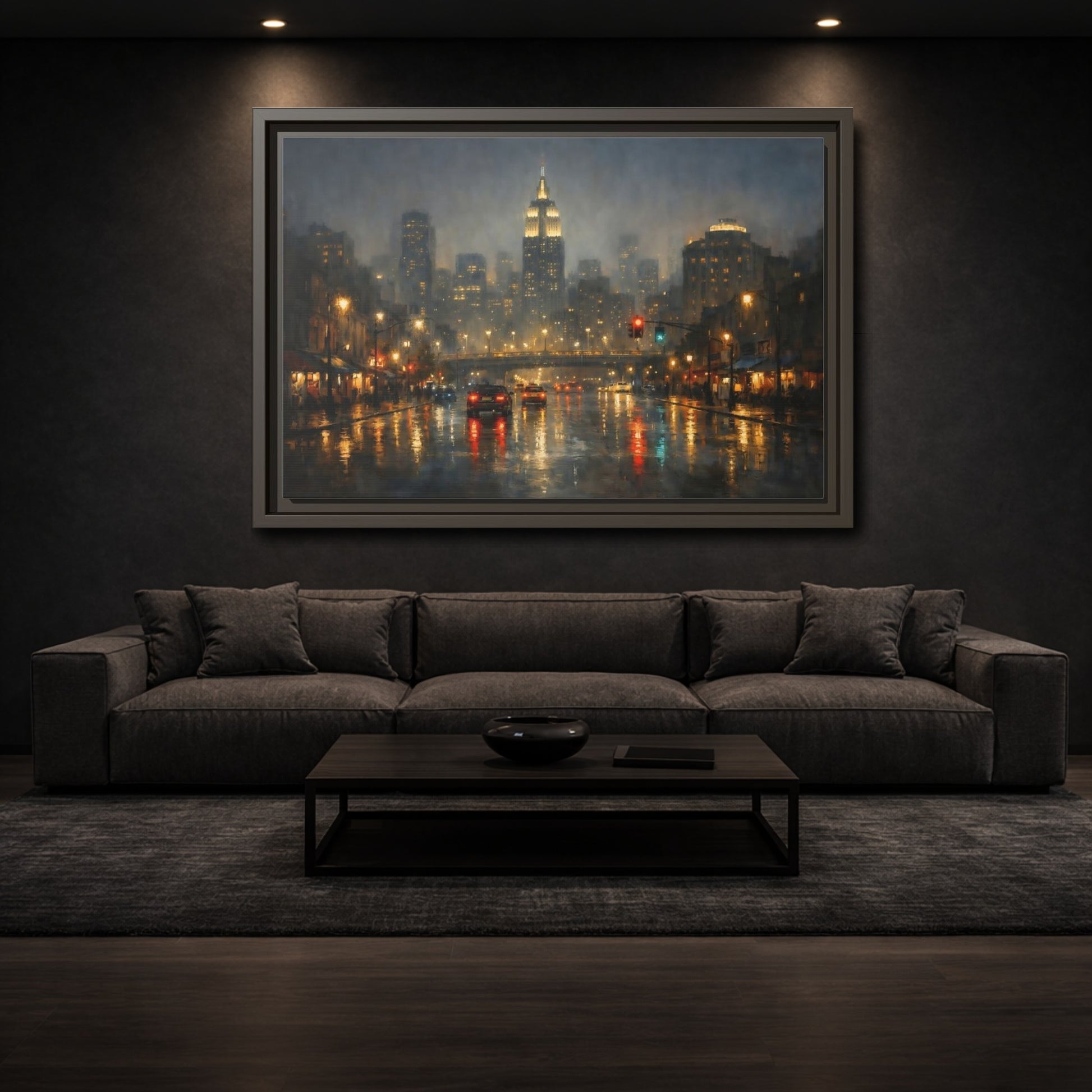 Mockup 2. Vintage Rainy Cityscape Rainy City Night shown as stretched canvas wall art