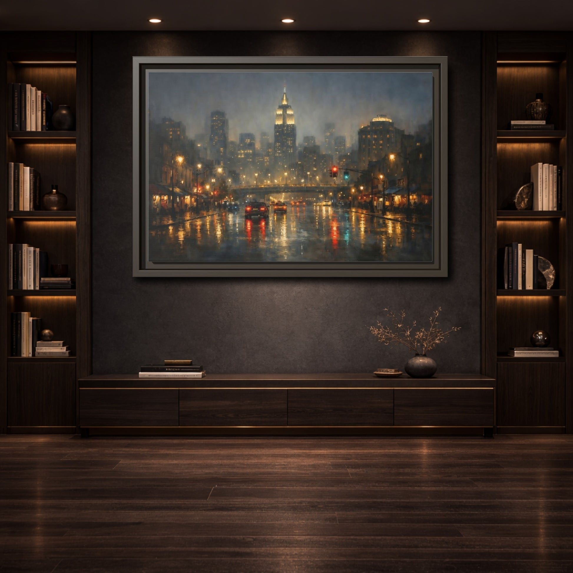 Mockup 3. Vintage Rainy Cityscape Rainy City Night shown as stretched canvas wall art