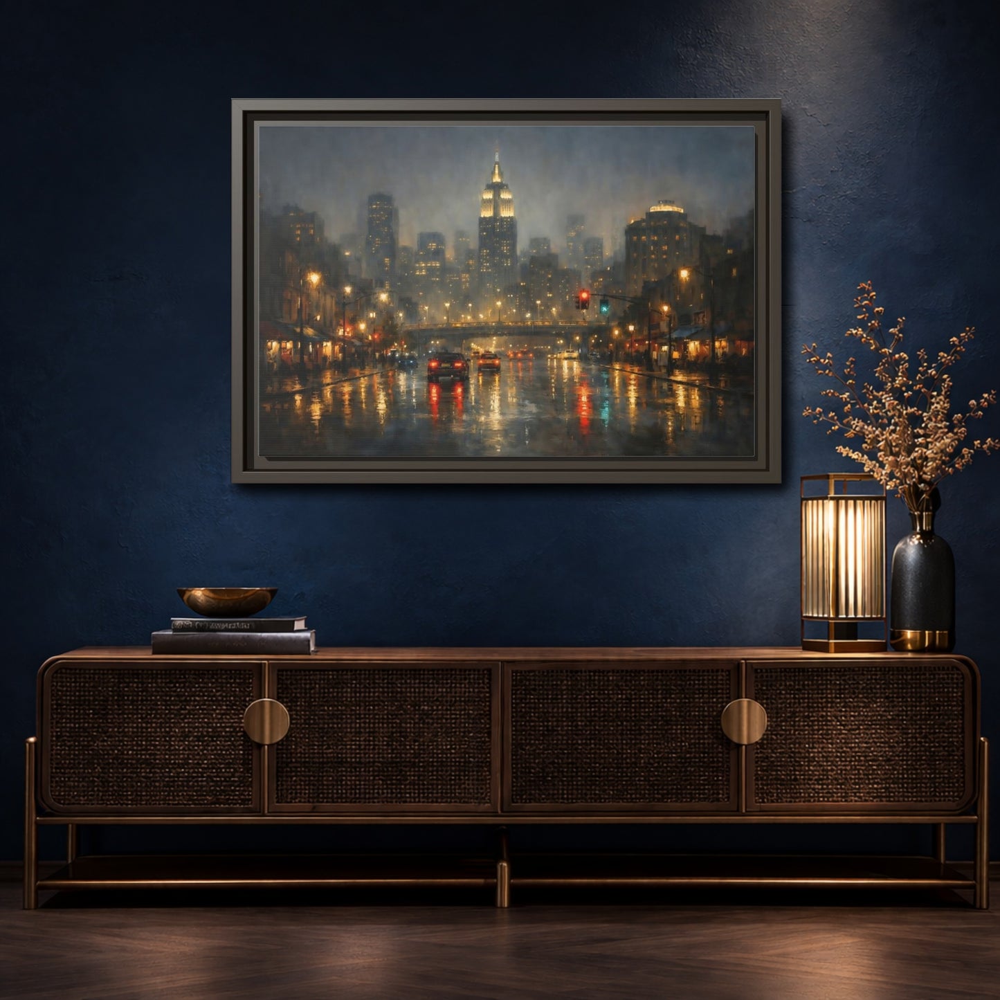 Mockup 4. Vintage Rainy Cityscape Rainy City Night shown as stretched canvas wall art