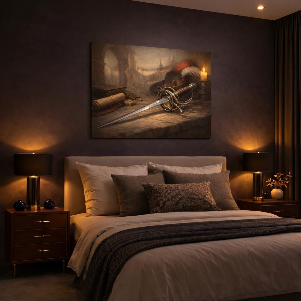 Vintage Rapier shown as canvas wall art in a luxury bedroom