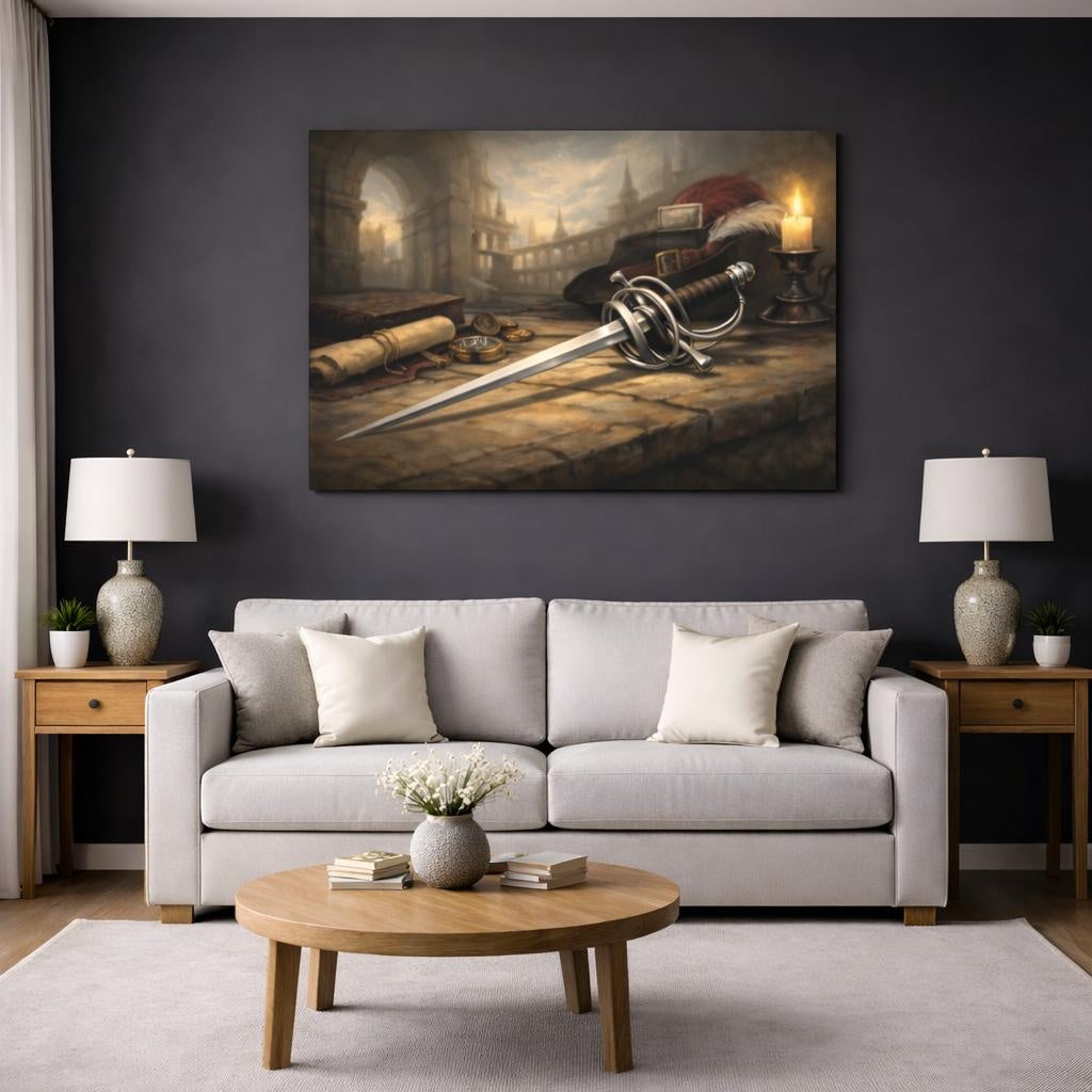 Vintage Rapier shown as canvas wall art in a modern living room