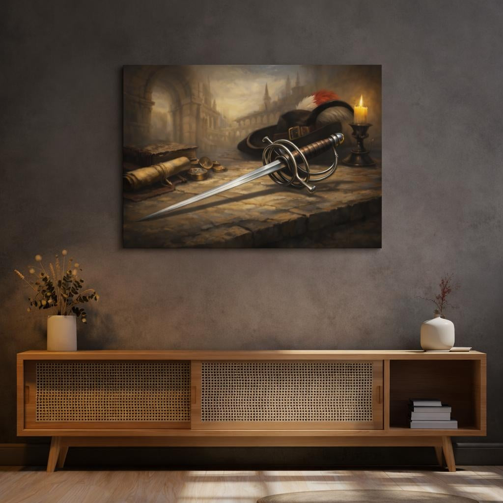 Vintage Rapier shown as canvas wall art in a refined dining room