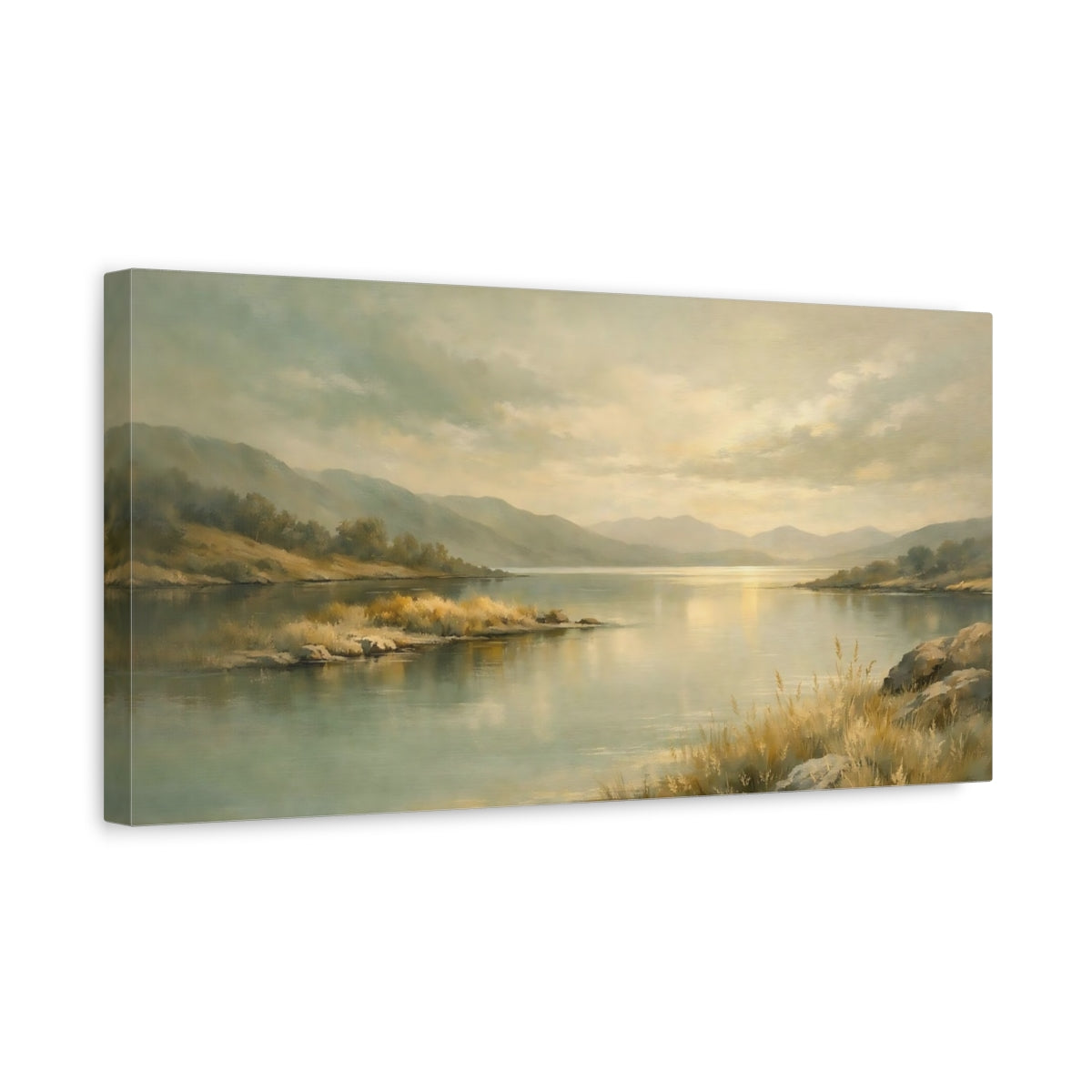 Side Mockup 3. Nature Lake Landscape Soft Greens And Gold shown as stretched canvas wall art