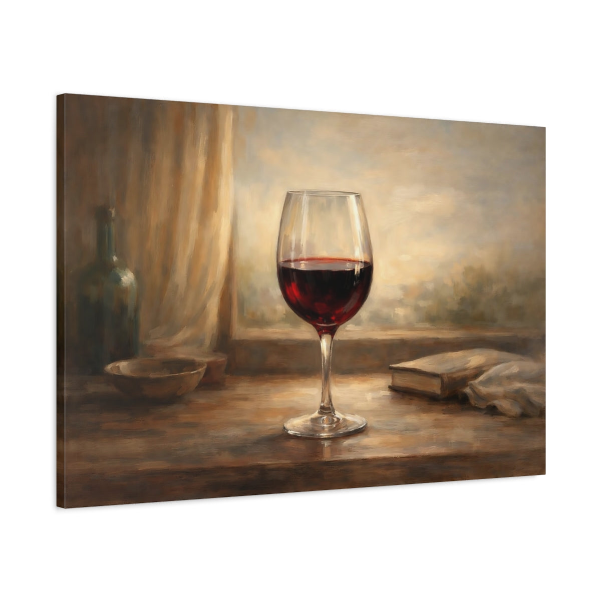 Side Mockup 1. Vintage Red Wine Glass Rustic Wine shown as stretched canvas wall art