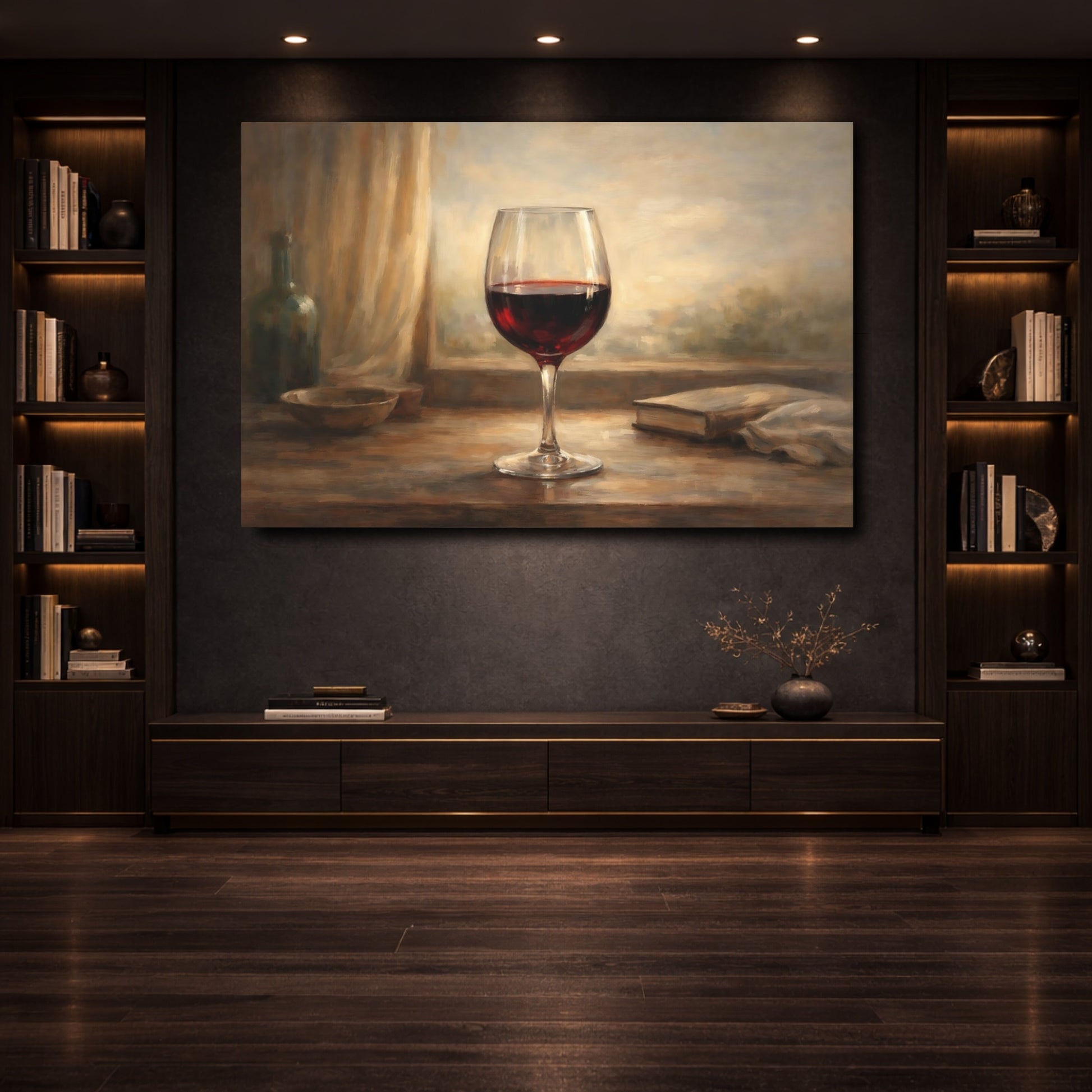 Mockup 3. Vintage Red Wine Glass Rustic Wine shown as stretched canvas wall art