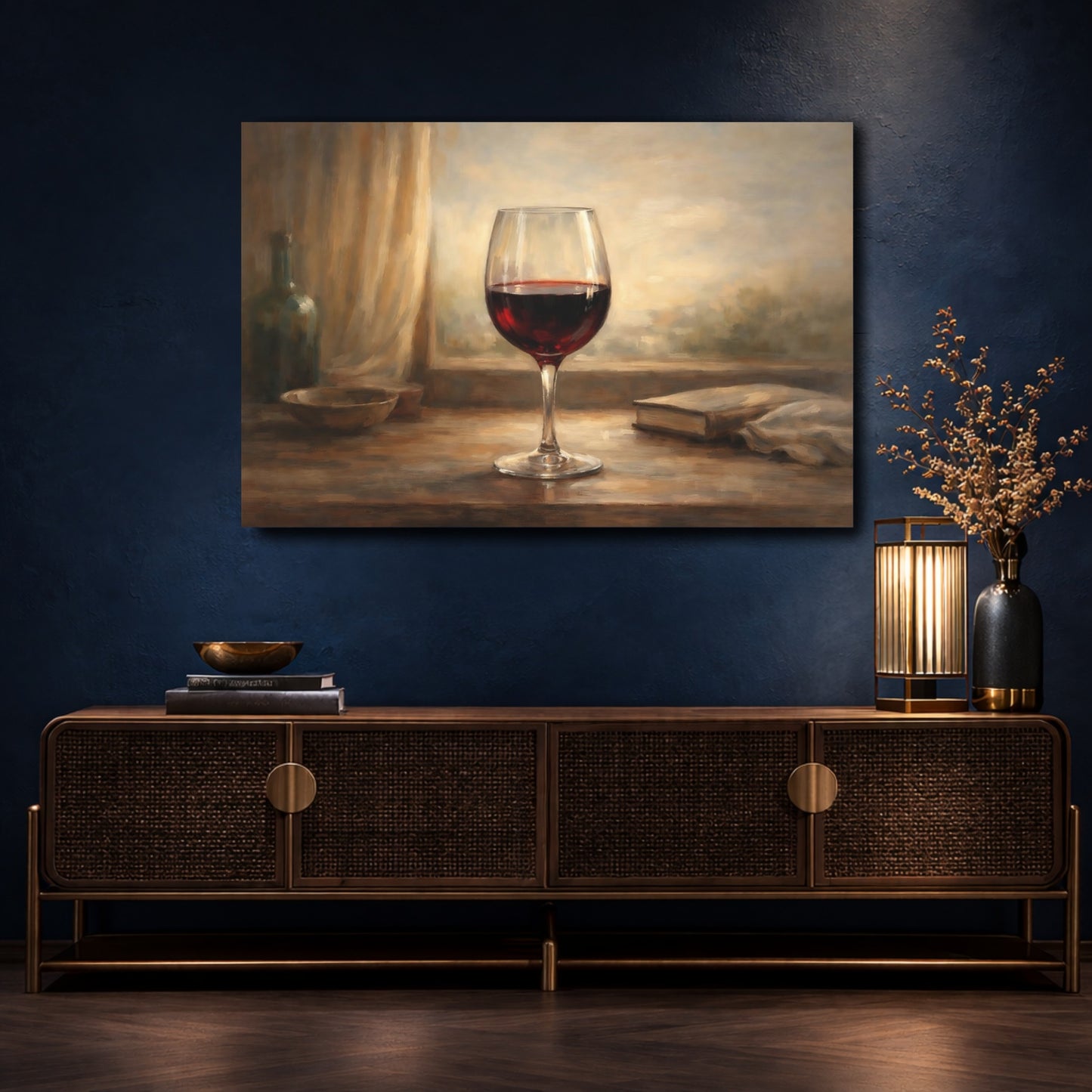 Mockup 4. Vintage Red Wine Glass Rustic Wine shown as stretched canvas wall art