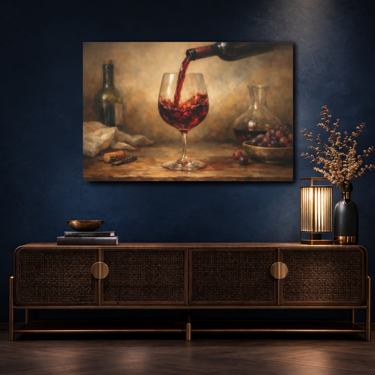 Mockup 4. Vintage Red Wine Red Wine Still Life shown as stretched canvas wall art