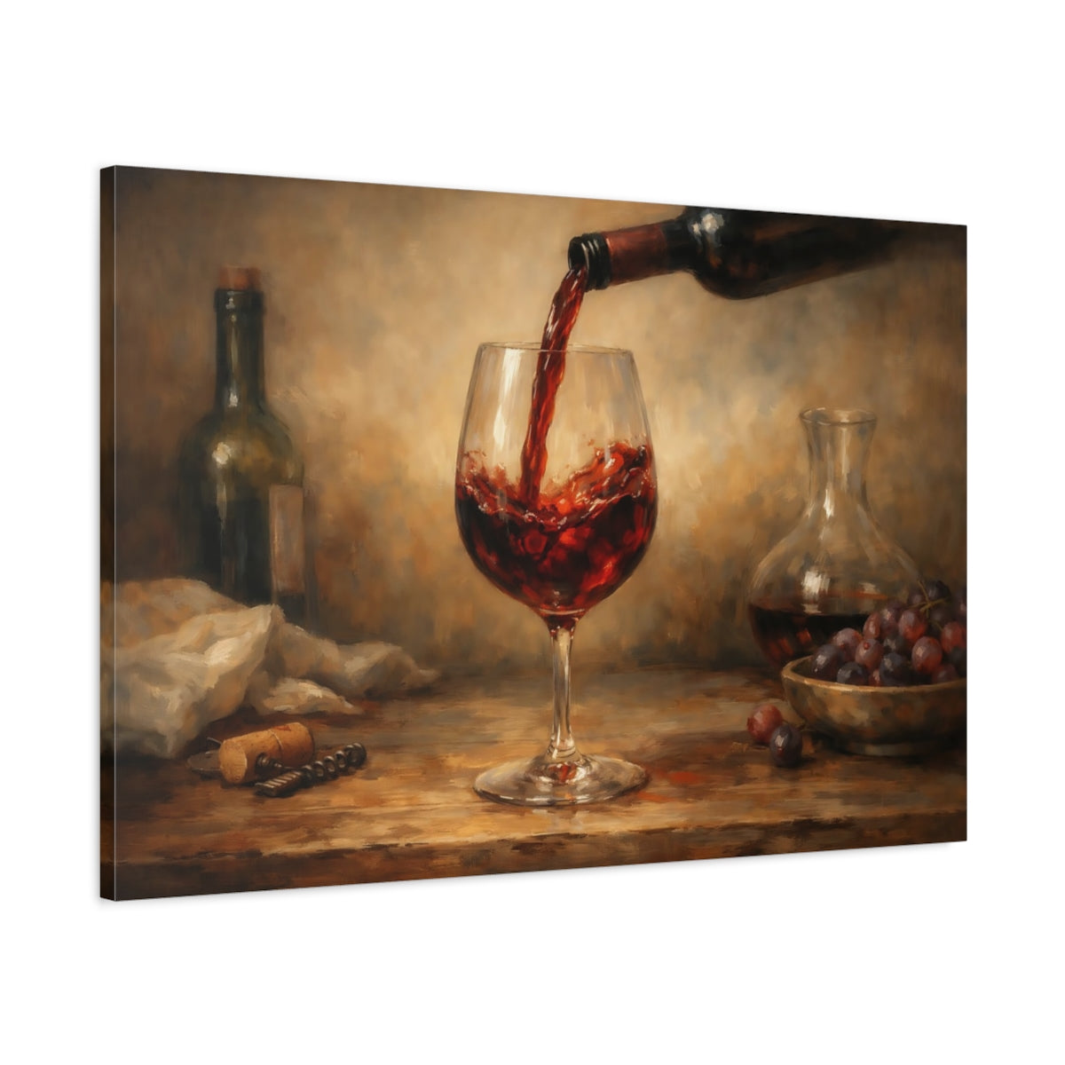 Side Mockup 1. Vintage Red Wine Red Wine Still Life shown as stretched canvas wall art