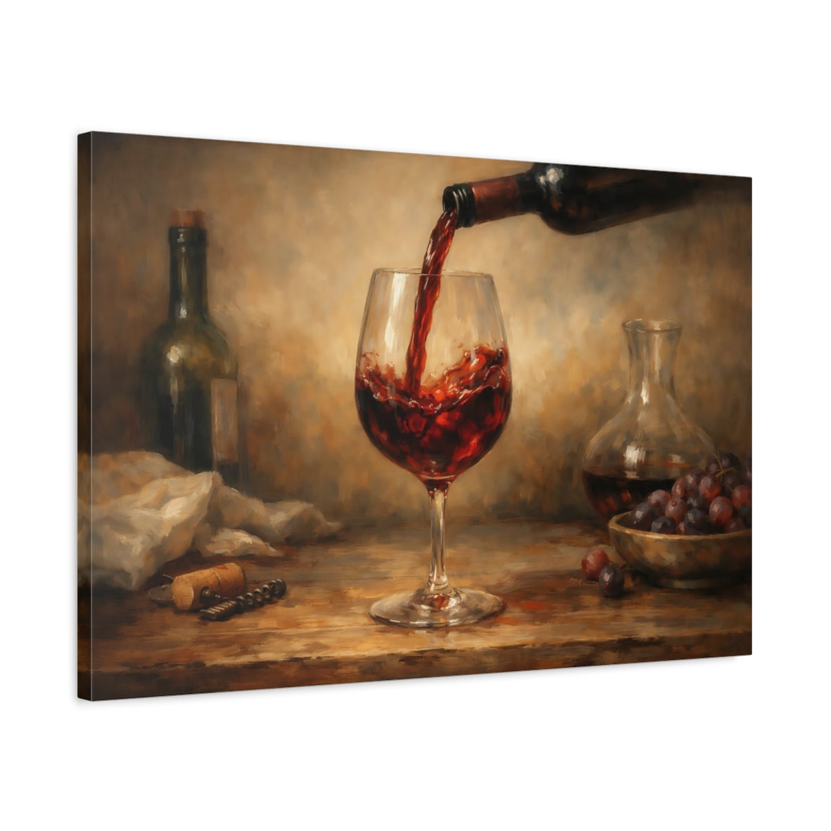 Side Mockup 2. Vintage Red Wine Red Wine Still Life shown as stretched canvas wall art
