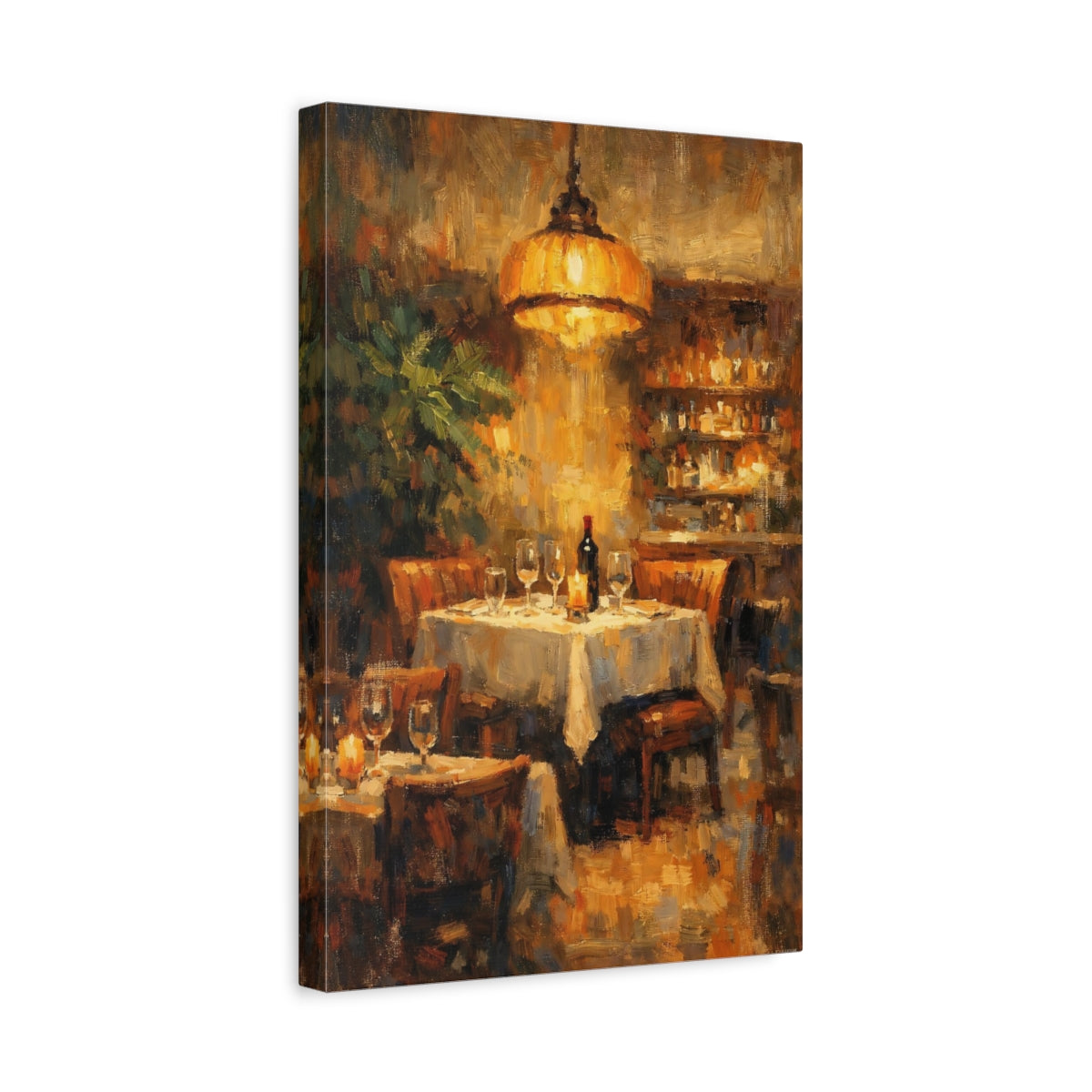 Side Mockup 4. Vintage Restaurant Table Warm Restaurant Dining shown as stretched canvas wall art