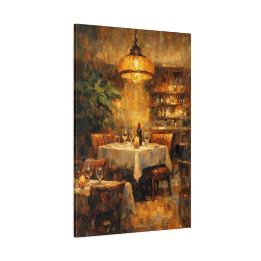 Main Mockup. Vintage Restaurant Table Warm Restaurant Dining shown as stretched canvas wall art