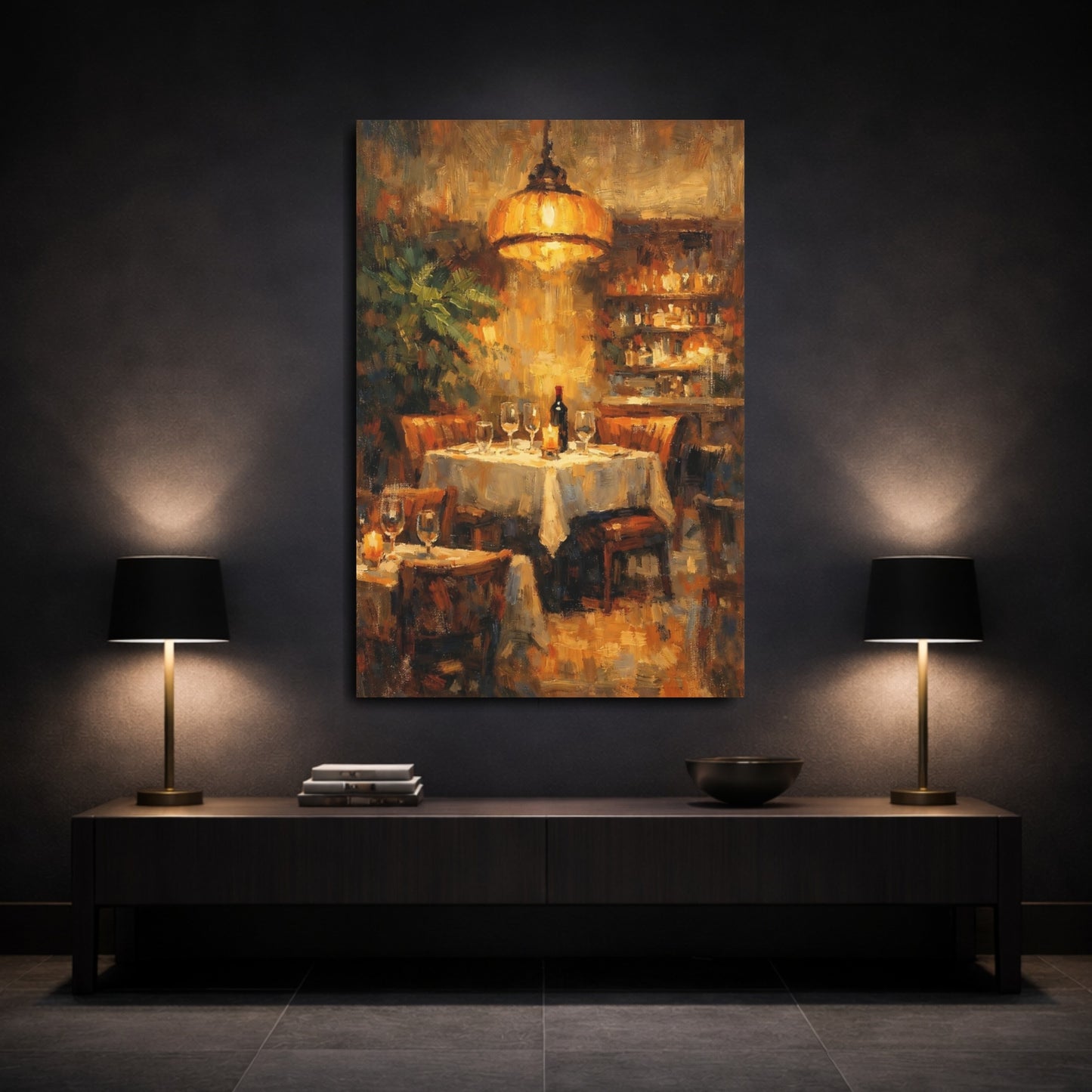 Mockup 2. Vintage Restaurant Table Warm Restaurant Dining shown as stretched canvas wall art