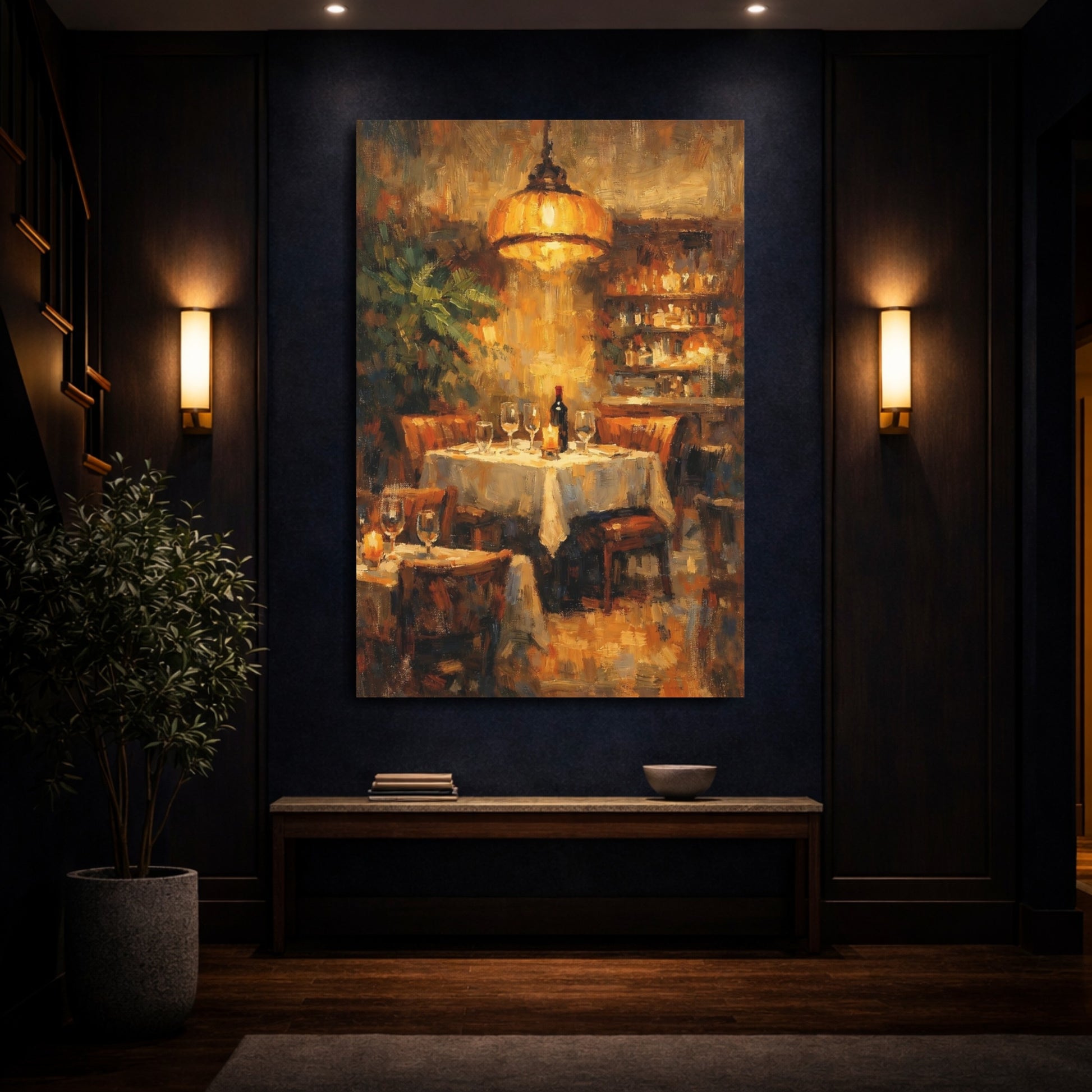 Mockup 3. Vintage Restaurant Table Warm Restaurant Dining shown as stretched canvas wall art