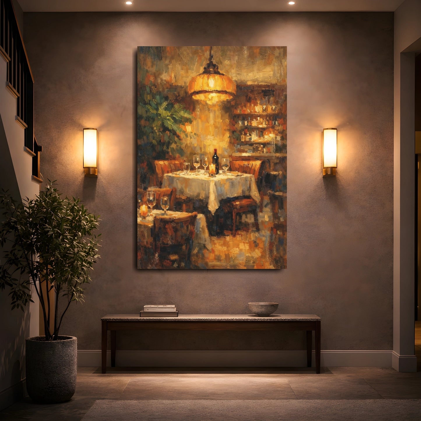 Mockup 4. Vintage Restaurant Table Warm Restaurant Dining shown as stretched canvas wall art