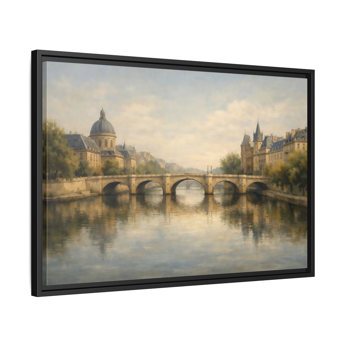 Side Mockup 14. Vintage River Bridge Historic Cityscape shown as stretched canvas wall art