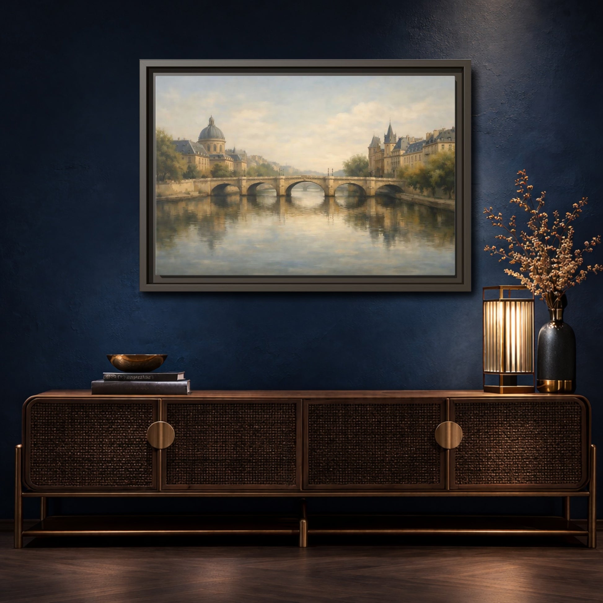 Mockup 4. Vintage River Bridge Historic Cityscape shown as stretched canvas wall art