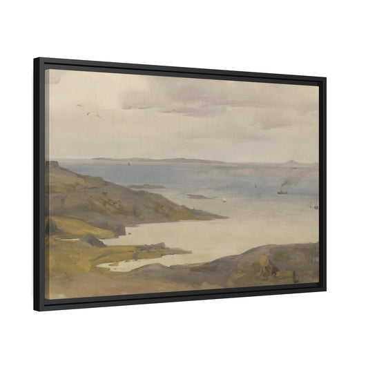 Vintage River Coast Landscape - Framed Canvas Wall Art Print in Black Frame