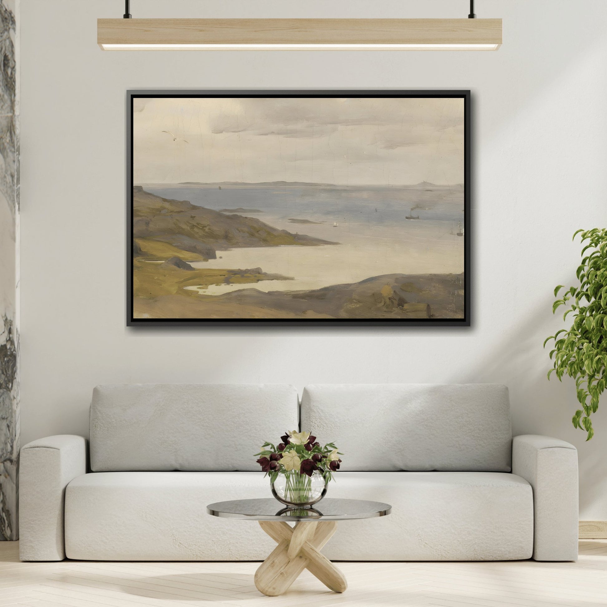 Vintage River Coast Landscape - Framed Canvas Wall Art Print in Black Frame