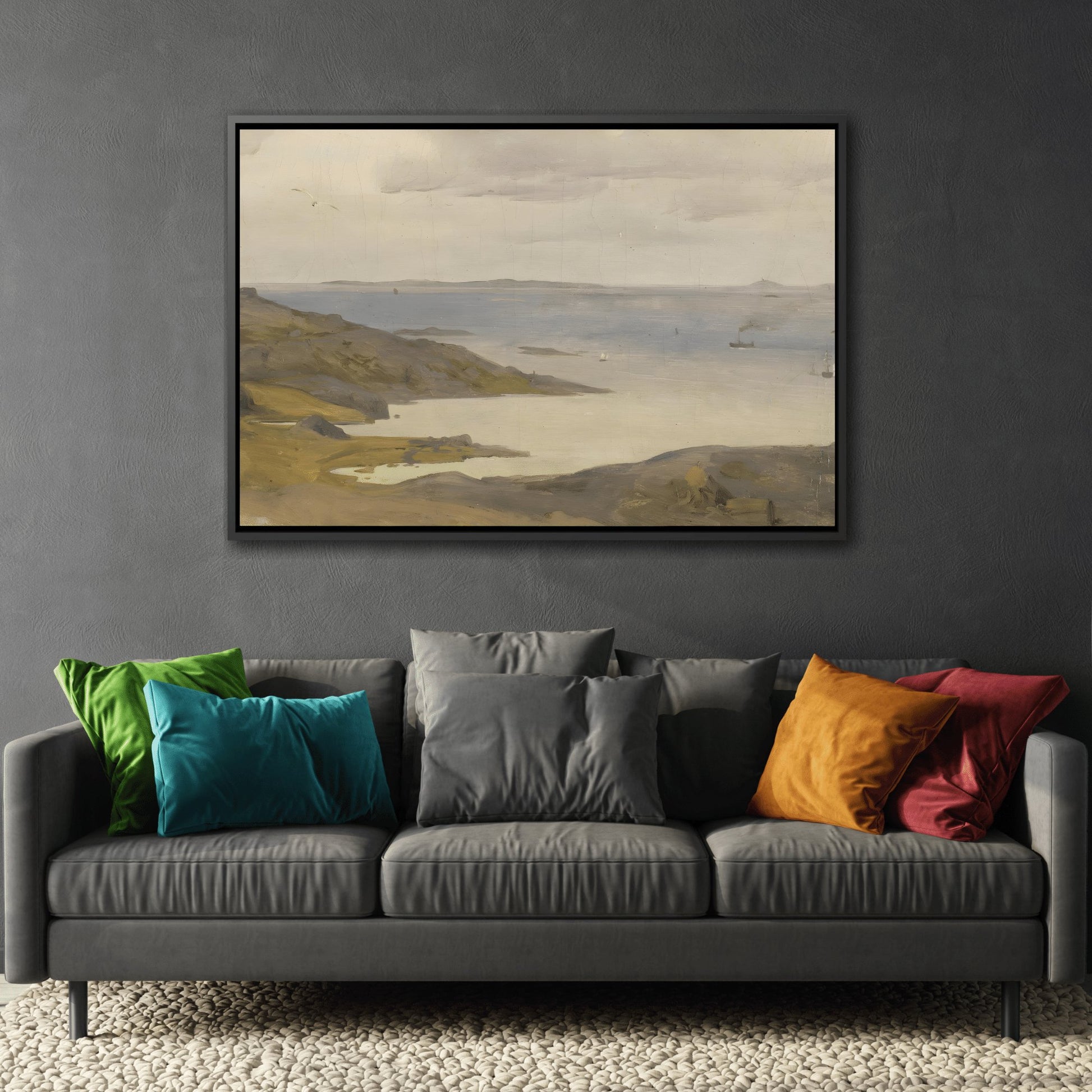 Vintage River Coast Landscape - Framed Canvas Wall Art Print in Black Frame