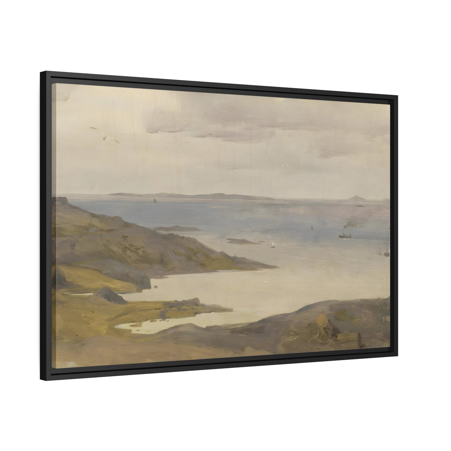 Vintage River Coast Landscape - Framed Canvas Wall Art Print in Black Frame