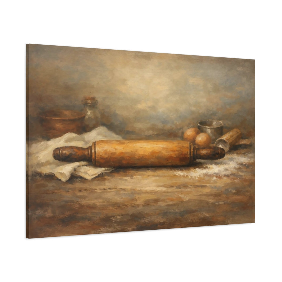 Vintage Rolling Pin Rustic Baking shown as stretched canvas wall art