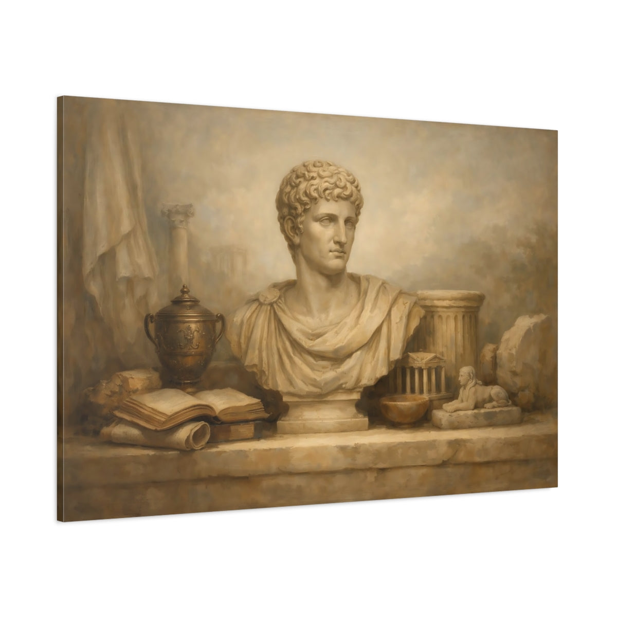 Main Mockup. Vintage Roman Bust Brown And Beige shown as stretched canvas wall art