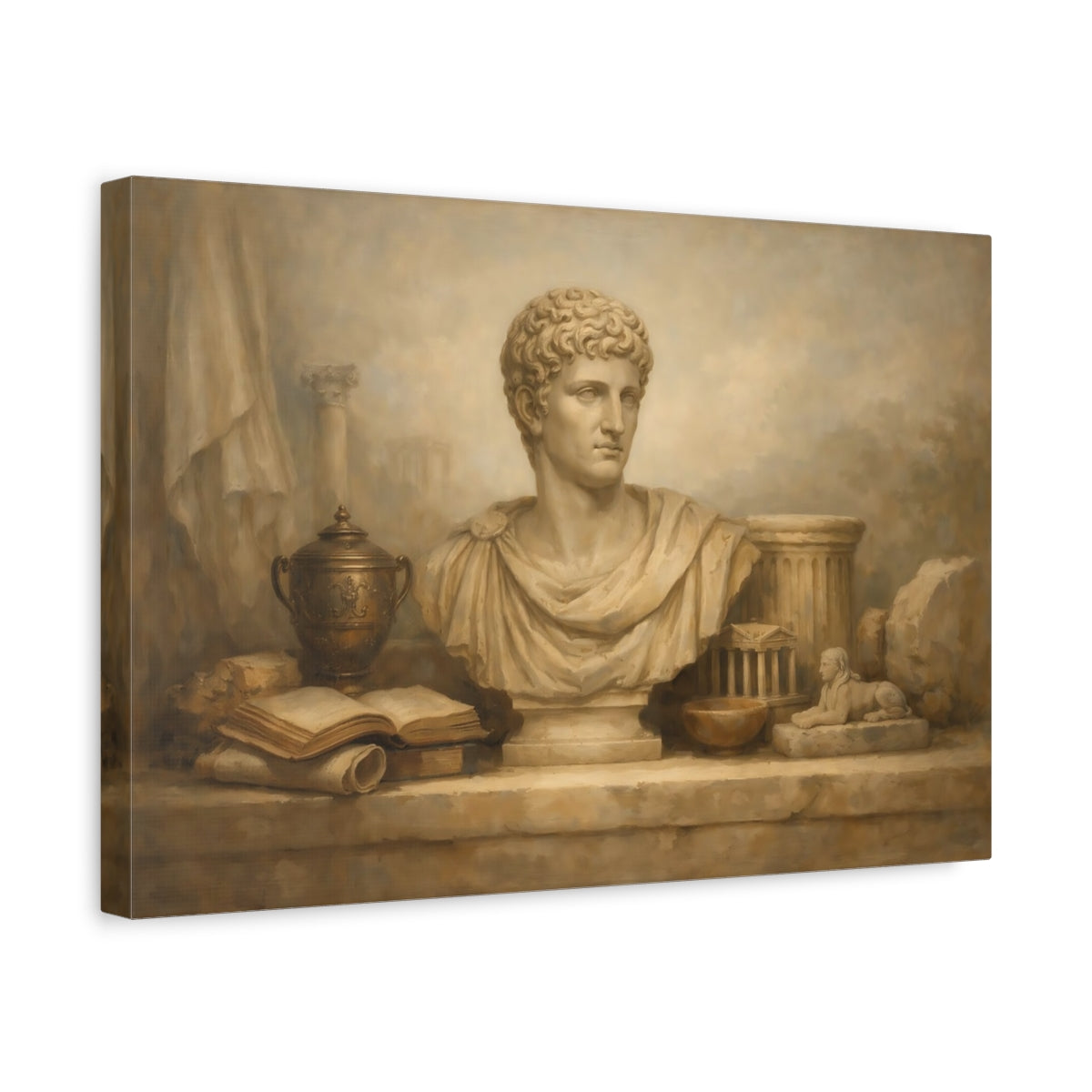 Side Mockup 4. Vintage Roman Bust Brown And Beige shown as stretched canvas wall art