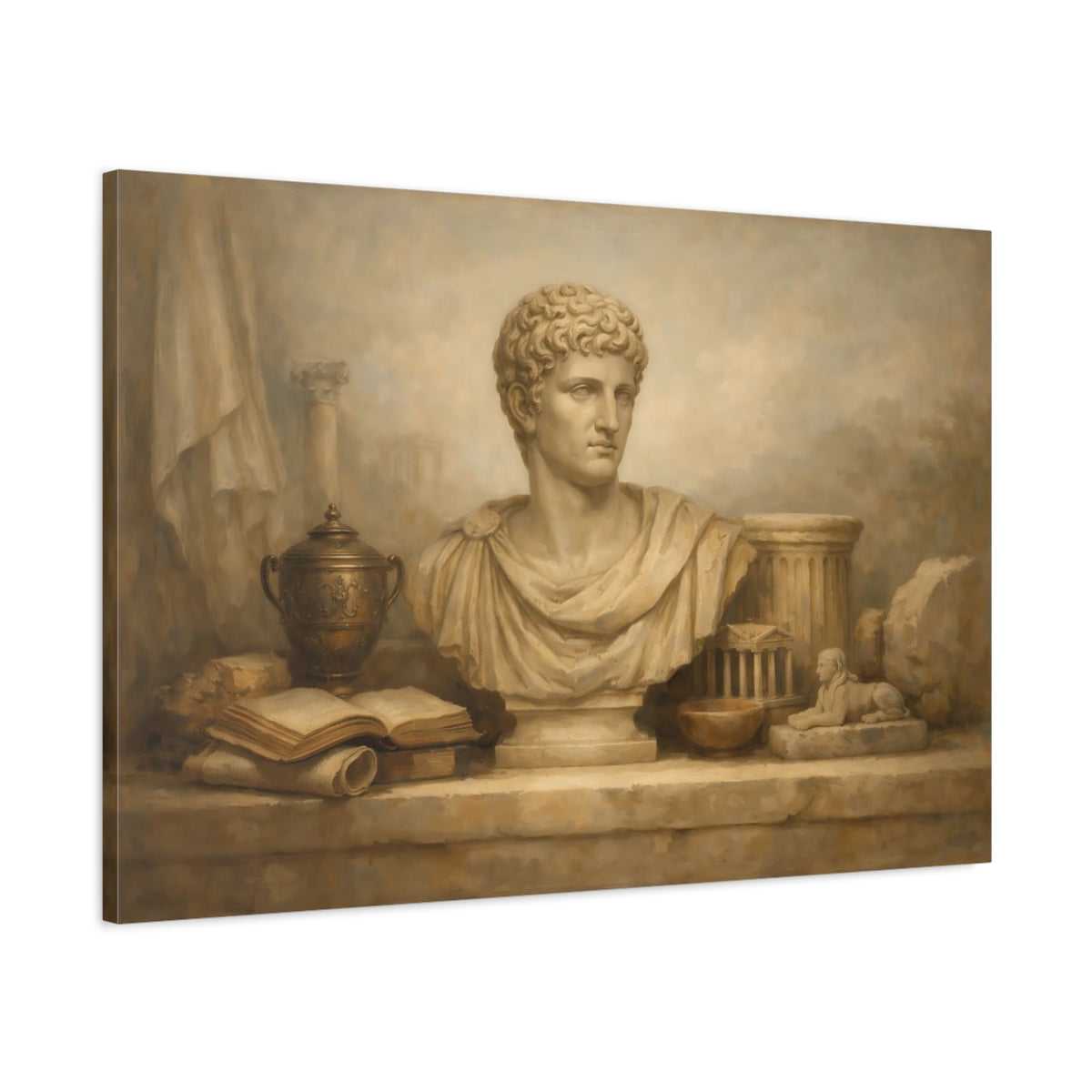 Side Mockup 1. Vintage Roman Bust Brown And Beige shown as stretched canvas wall art