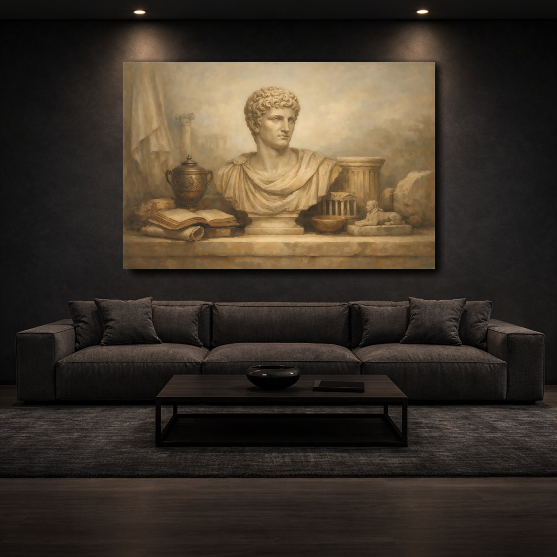 Mockup 2. Vintage Roman Bust Brown And Beige shown as stretched canvas wall art