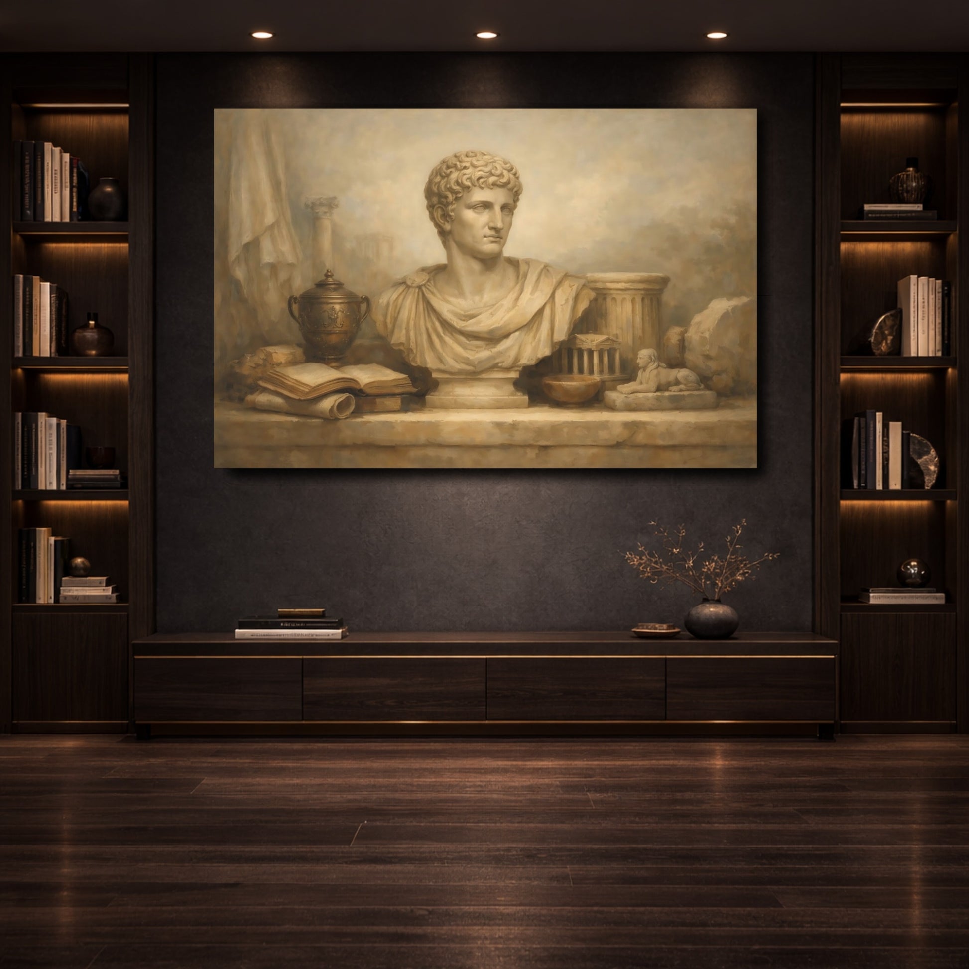 Mockup 3. Vintage Roman Bust Brown And Beige shown as stretched canvas wall art