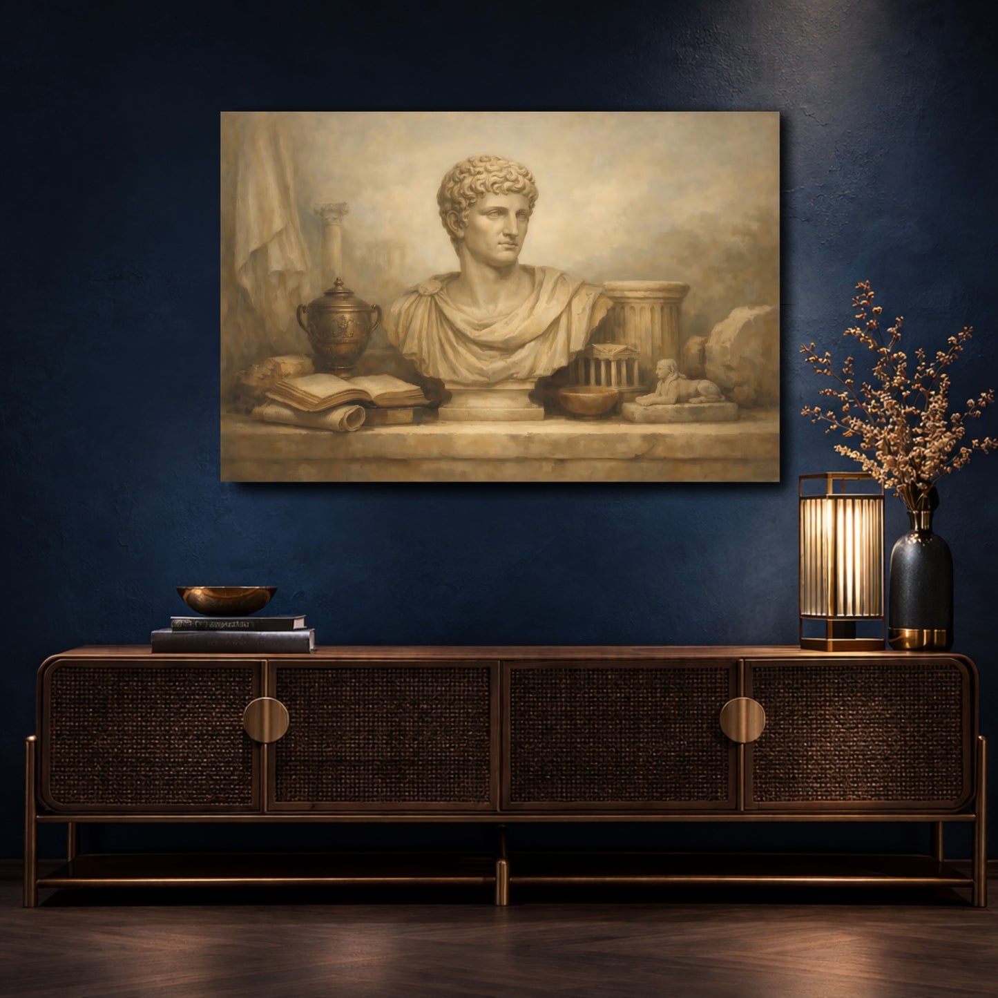 Mockup 4. Vintage Roman Bust Brown And Beige shown as stretched canvas wall art